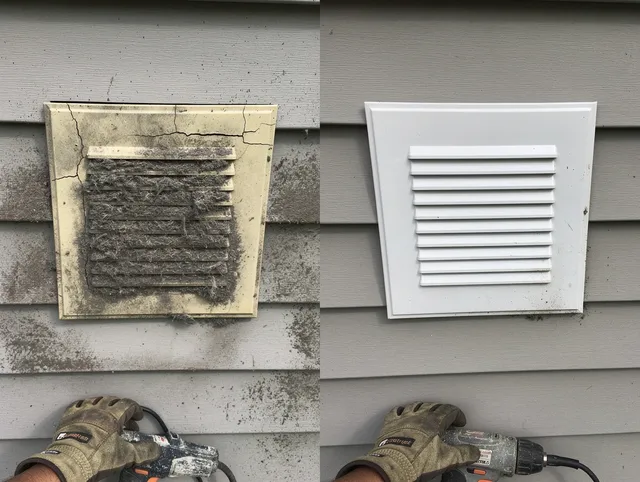 Fort Mill Dryer Vent Cleaning technician installing high-quality dryer vent cover at a residential property in Fort Mill